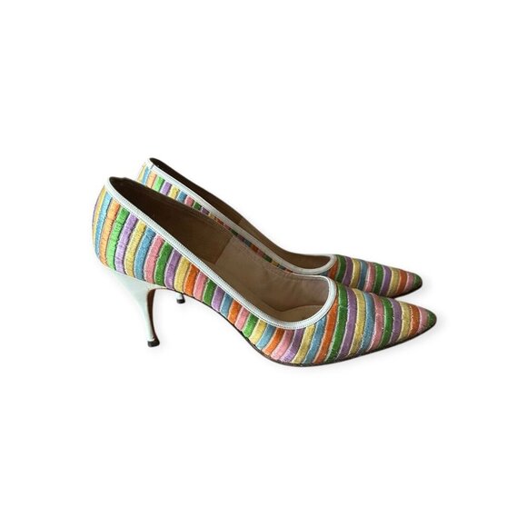 Vintage 1950s David Evins Rainbow Striped Pumps 50s 60s Heels Size 7 AAAA Narrow - Picture 6 of 13